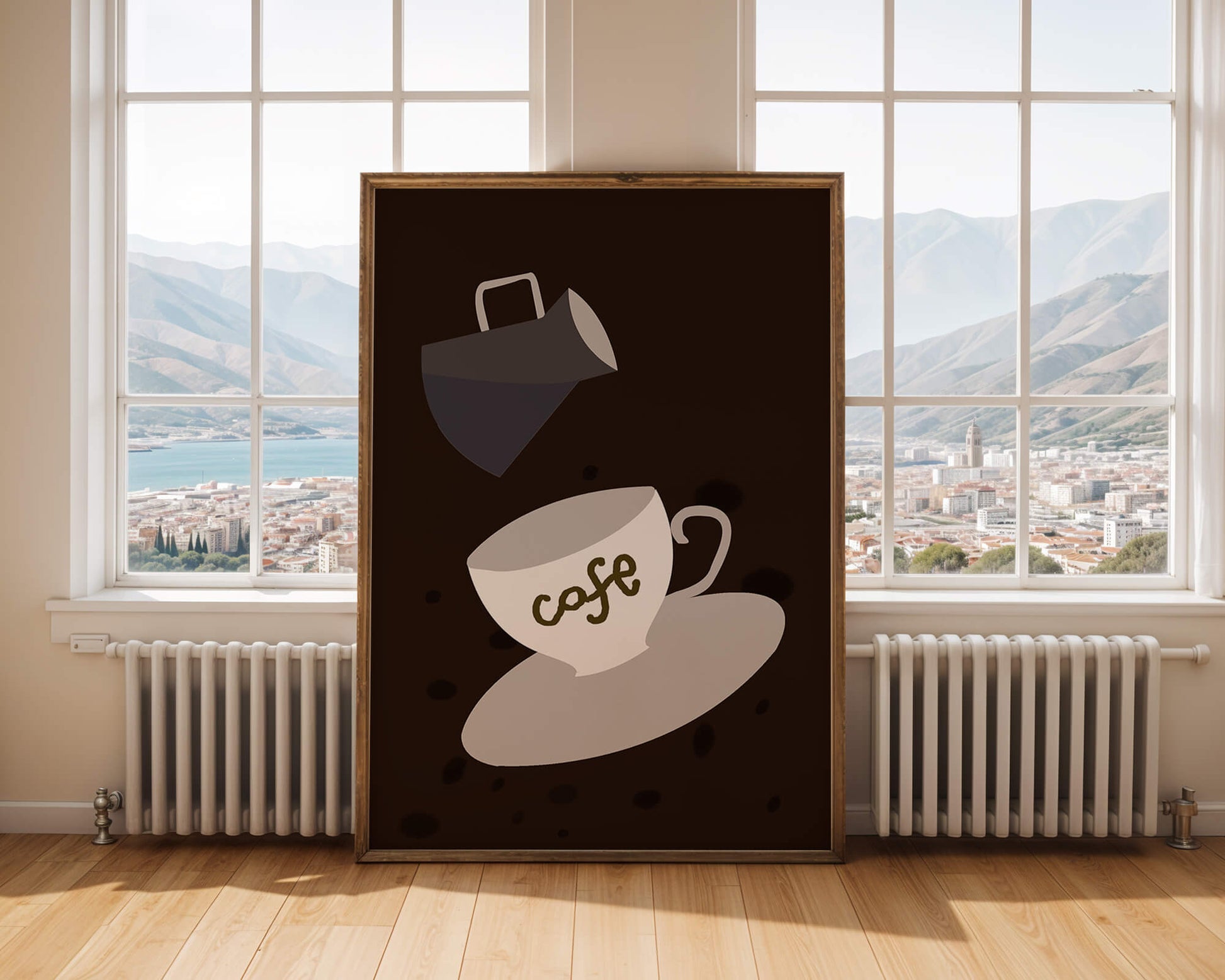 Minimalist coffee cup with pouring pot on dark background