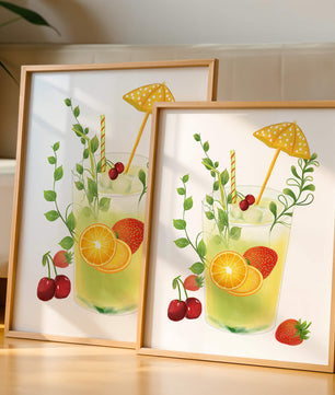 Refreshing summer drink illustration with fruits and greenery