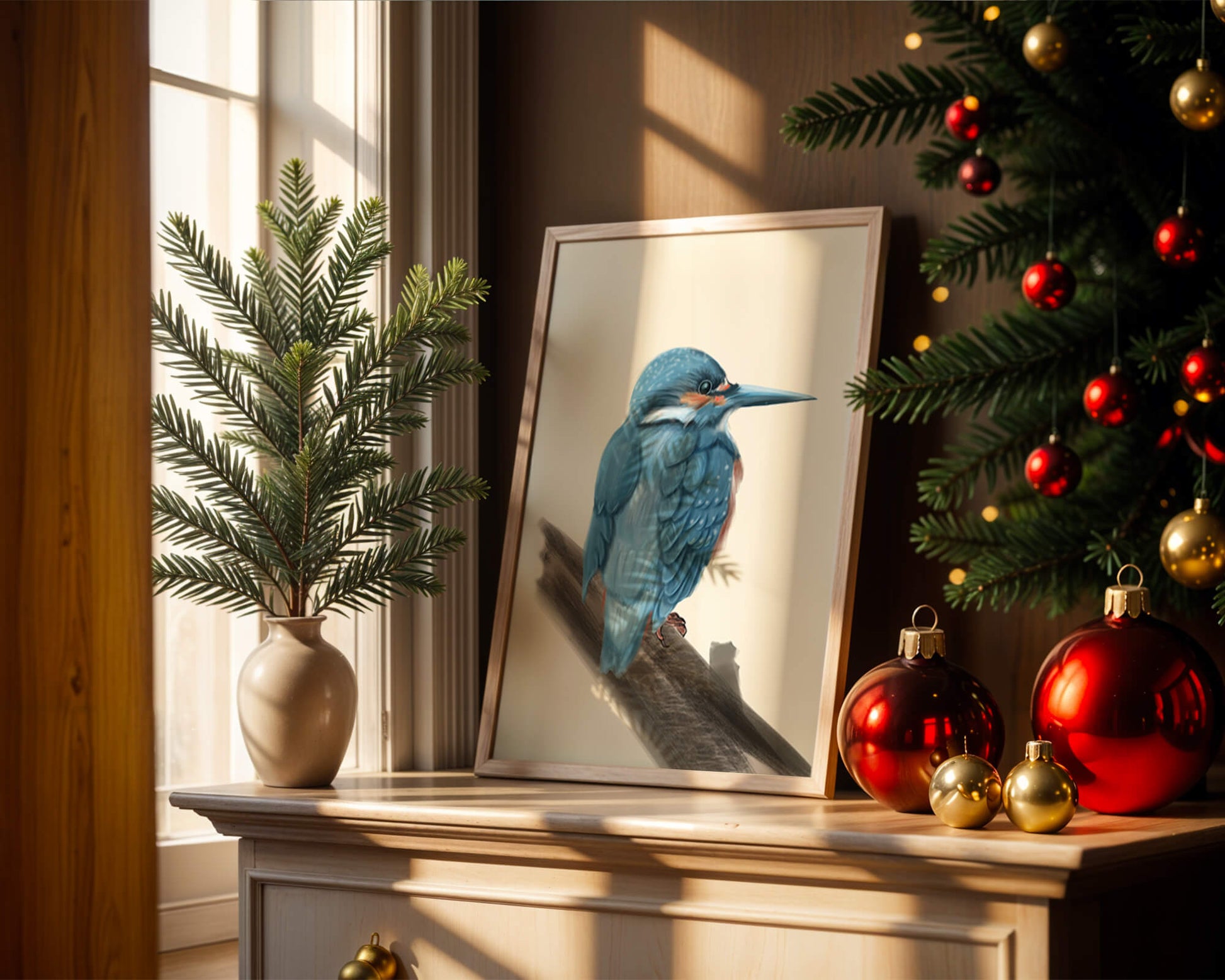 Illustration of a vibrant blue bird on a branch