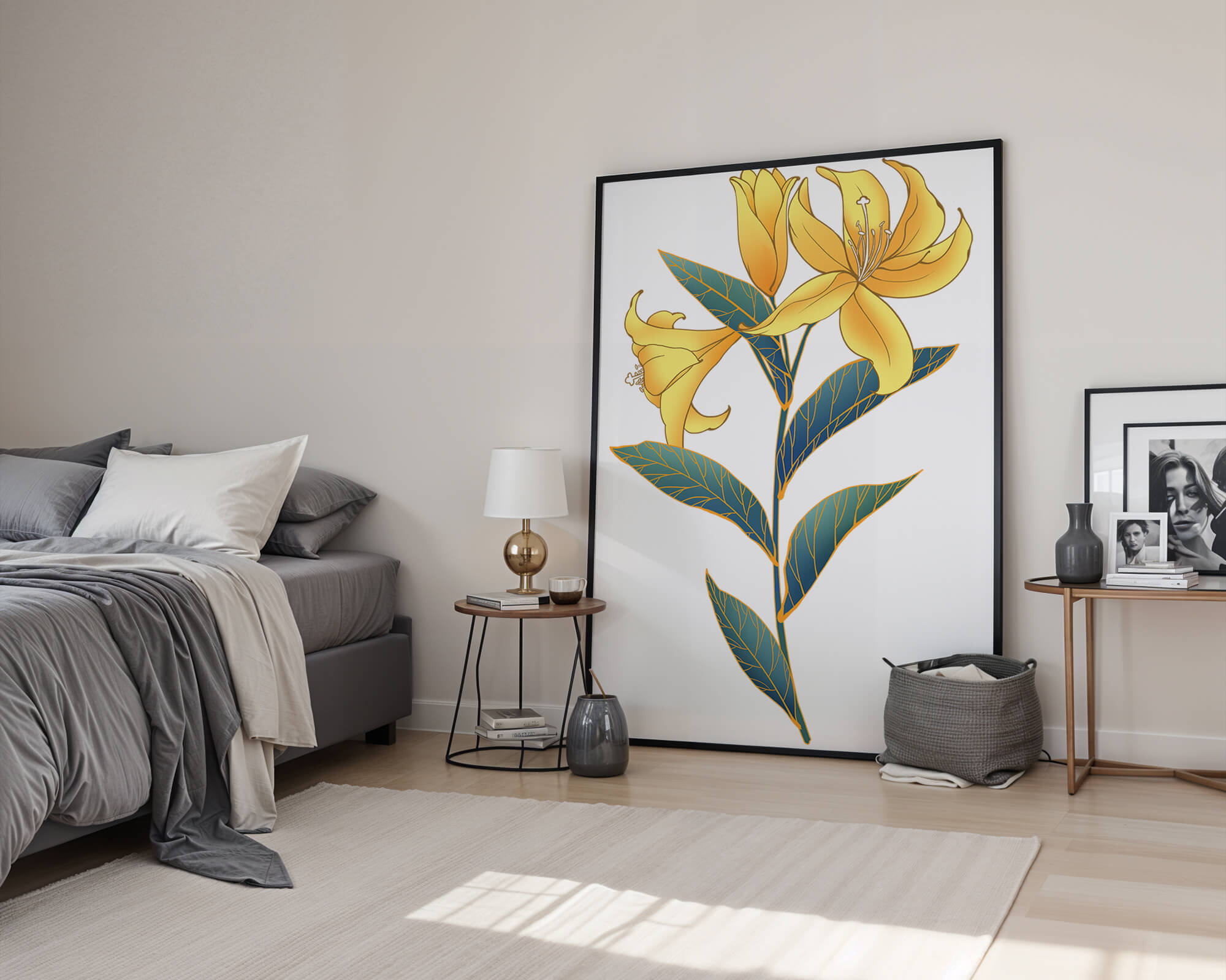 Elegant golden lily illustration with intricate leaf details