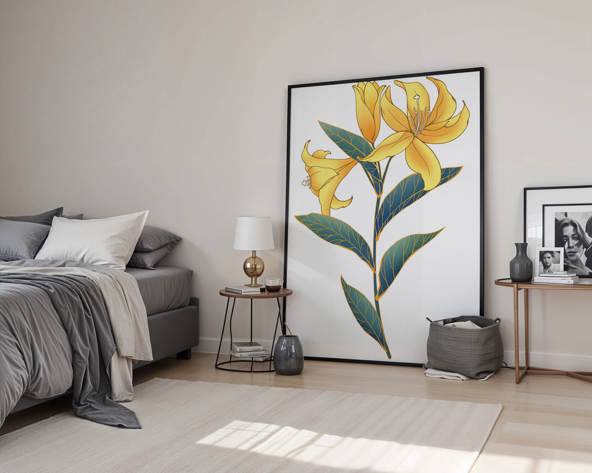 Elegant golden lily illustration with intricate leaf details