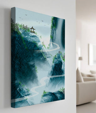 Serene mountain landscape with a pavilion and waterfall