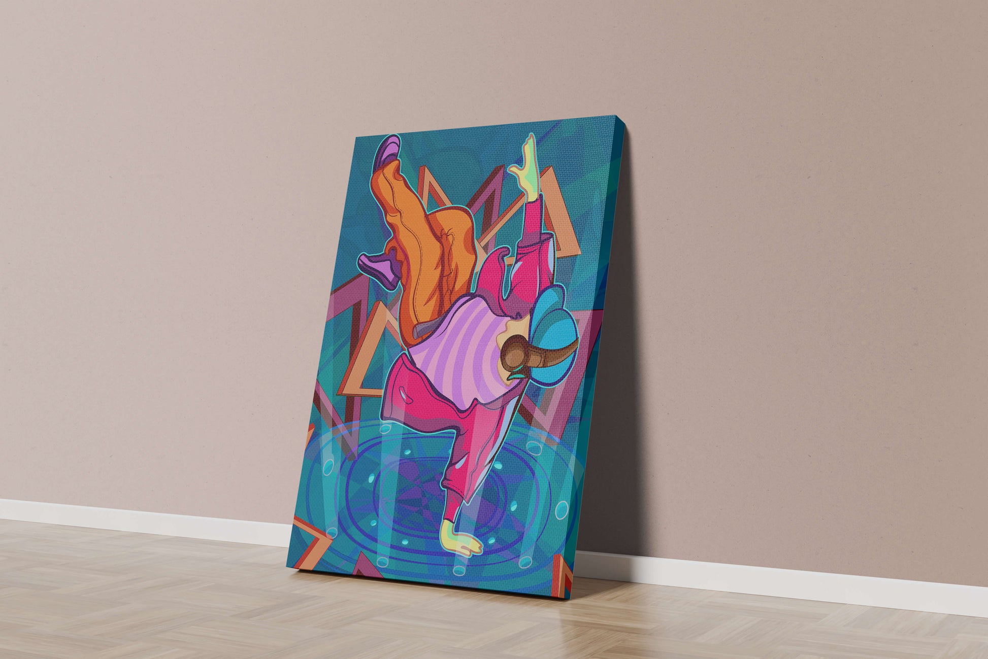Colorful breakdancer in dynamic urban artwork