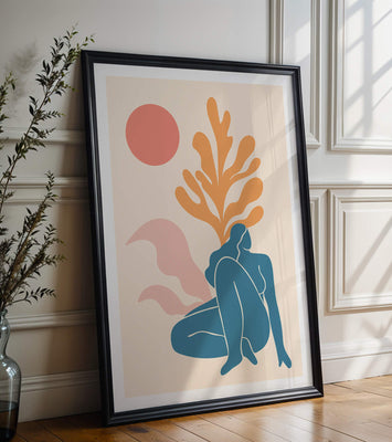 Abstract Nude Figure in Minimalist Design with Botanical Elements