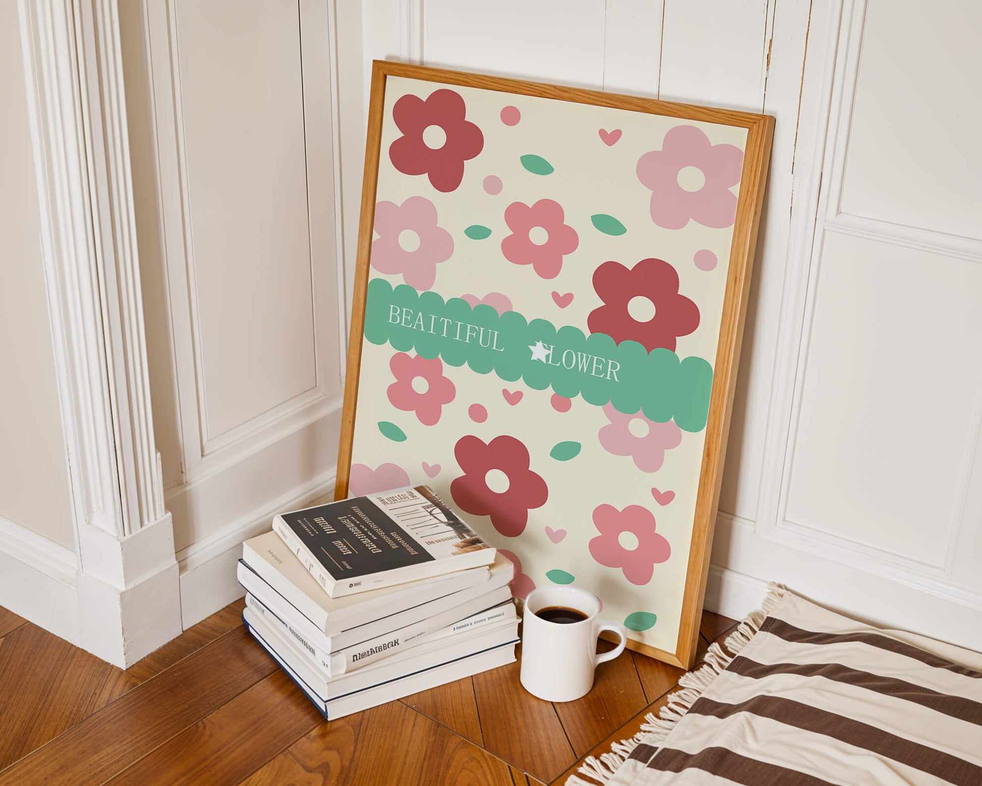 Floral pattern with retro color design and decorative text