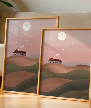 House On Pink Hill Under Full Moon