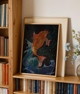 Koi Fish with Abstract Waves in Vibrant Colors