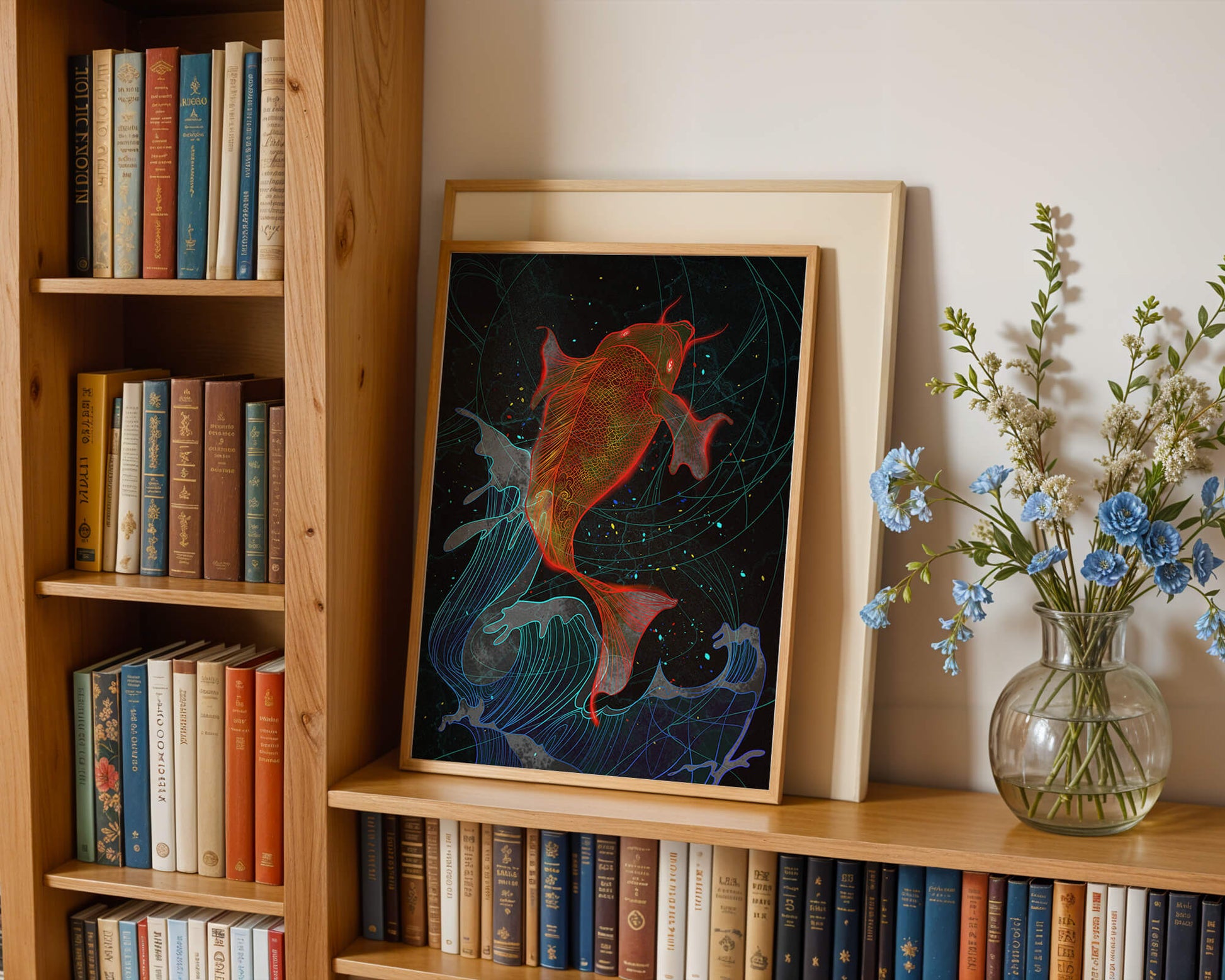 Koi Fish with Abstract Waves in Vibrant Colors