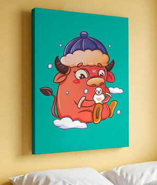 Winter cow cartoon with snowman on turquoise background