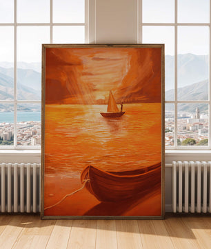 velero en un mar anaranjado al atardecer con gloriosa reflexión del cielo