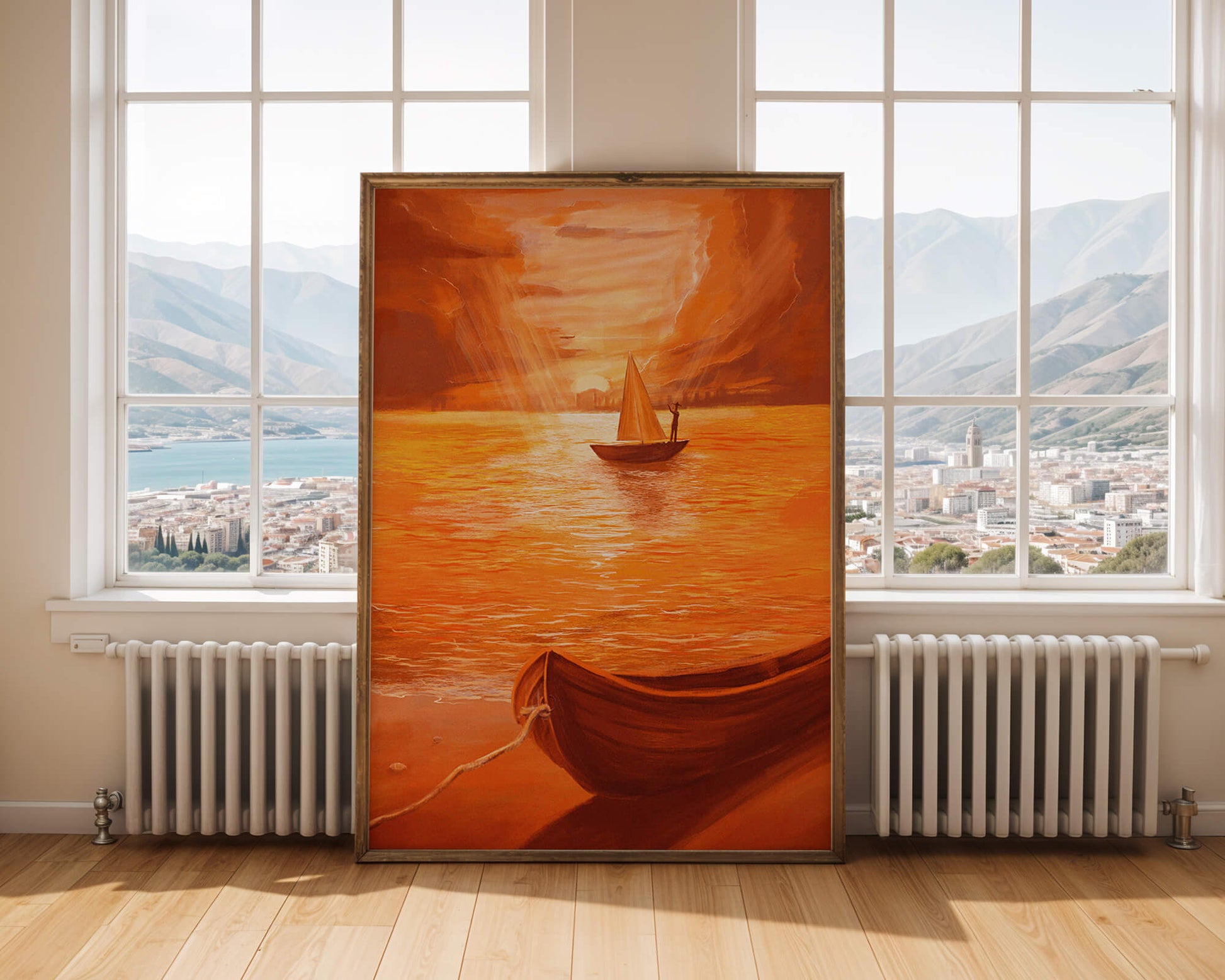 velero en un mar anaranjado al atardecer con gloriosa reflexión del cielo
