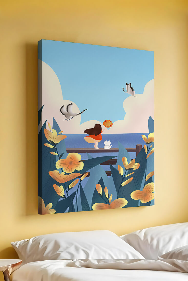 Serene seaside scene with girl, cat, and birds in nature