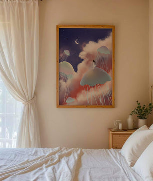 Dreamy Scene with Floating Jellyfish and Moonlit Sky