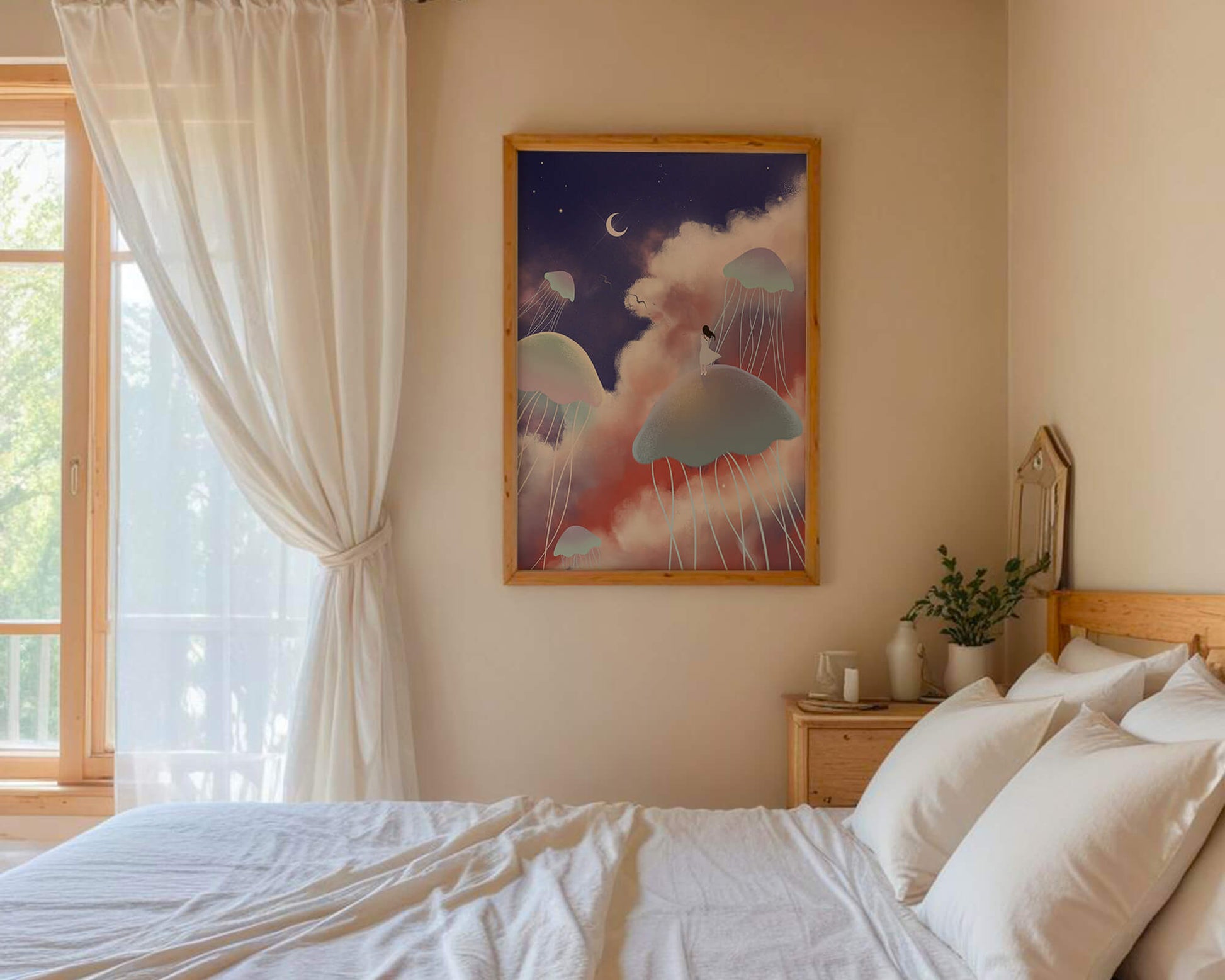 Dreamy Scene with Floating Jellyfish and Moonlit Sky