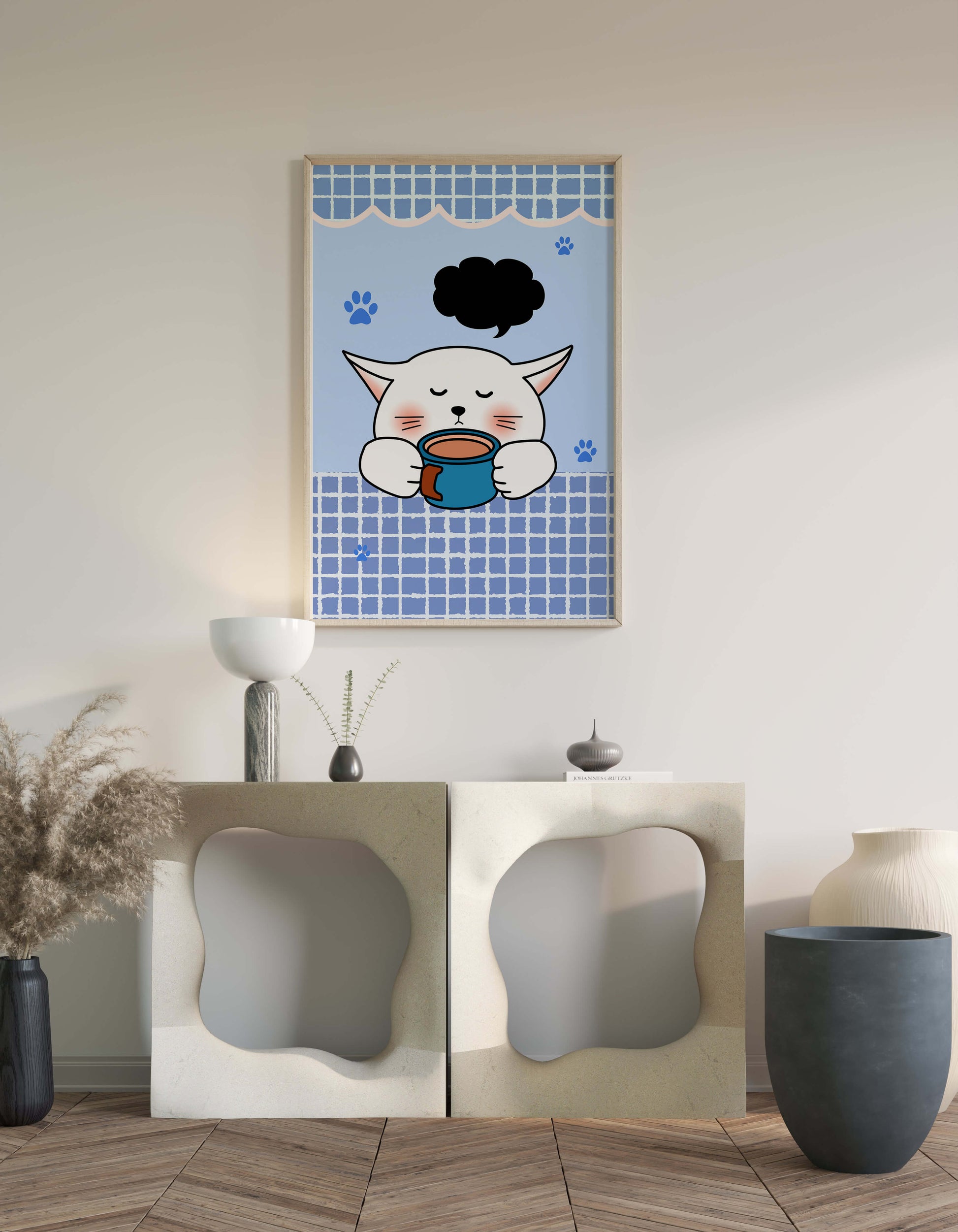 Cute cartoon cat with mug and speech bubble on blue background