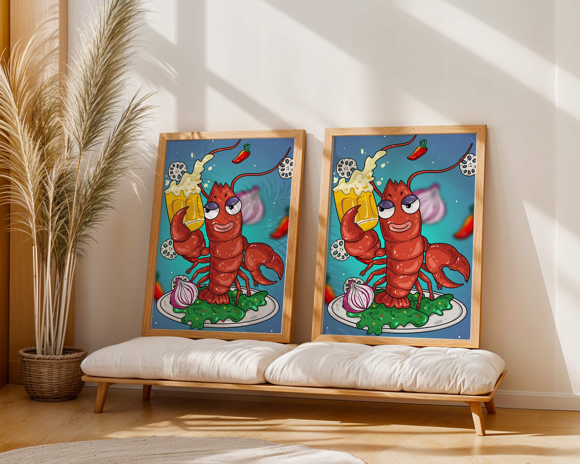 Playful cartoon lobster holding a beer in a whimsical setting