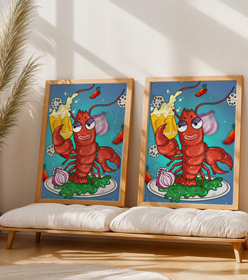 Playful cartoon lobster holding a beer in a whimsical setting