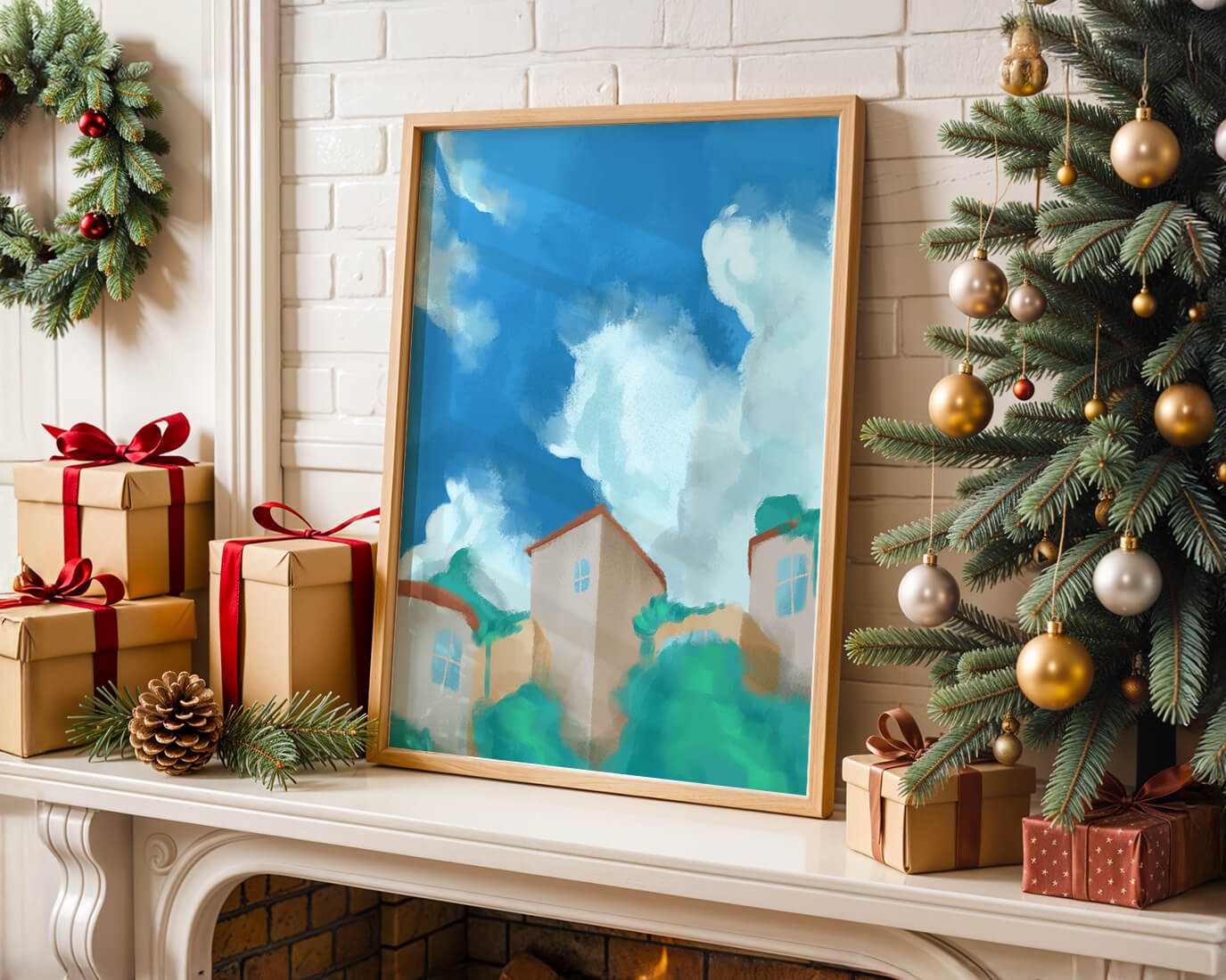 Serene landscape with houses and fluffy clouds against a blue sky