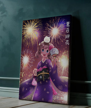 Girl in Yukata Celebrating Fireworks Festival with Cat and Fan