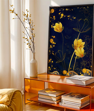 Diseño floral elegante con flores doradas sobre fondo azul marino
