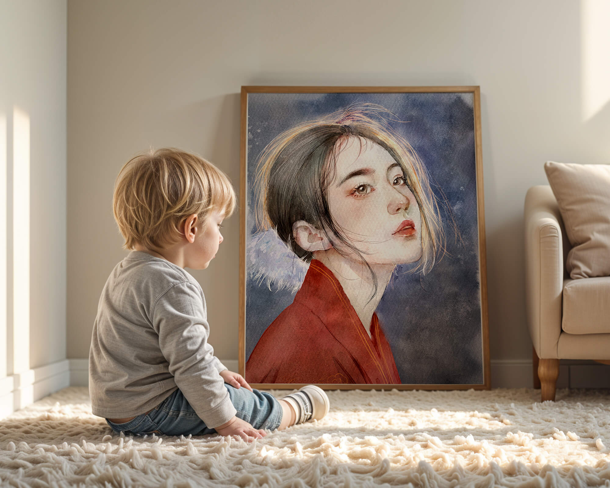 Watercolor portrait of a woman in a red garment with expressive features