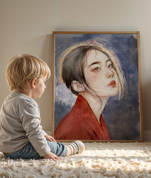 Watercolor portrait of a woman in a red garment with expressive features