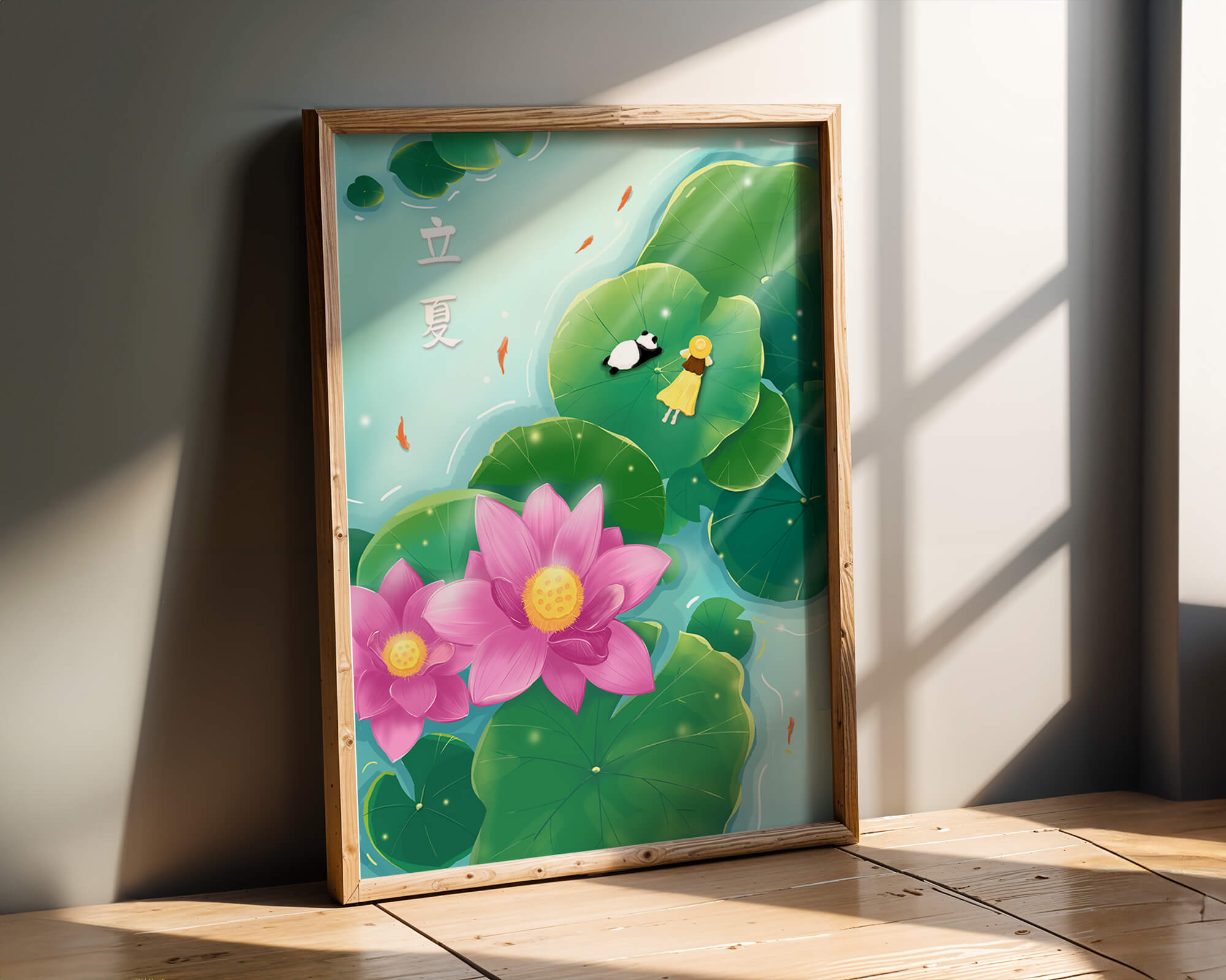 Girl and Panda Relaxing on Lily Pads with Pink Lotus and Goldfish