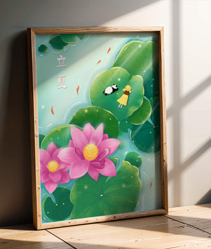 Girl and Panda Relaxing on Lily Pads with Pink Lotus and Goldfish