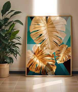 Blätter der Goldenen Monstera auf geometrischem Hintergrund