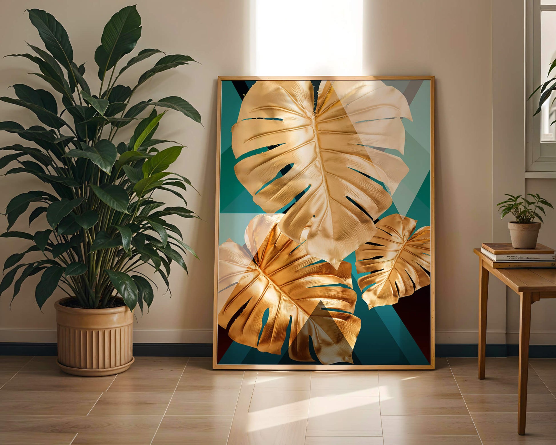 Hojas de monstera doradas sobre fondo geométrico