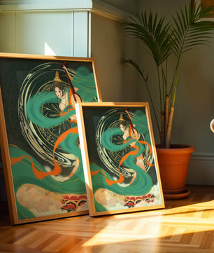Elegant depiction of traditional musical culture with vibrant flowing ribbons and intricate patterns