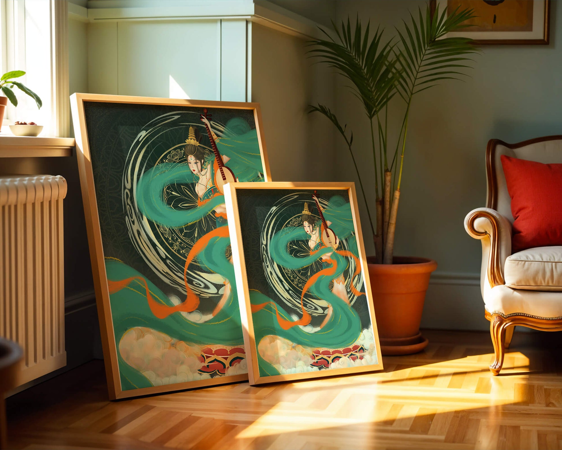 Elegant depiction of traditional musical culture with vibrant flowing ribbons and intricate patterns