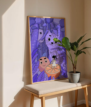 Whimsical forest scene with playful cartoon characters