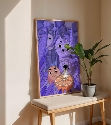 Whimsical forest scene with playful cartoon characters