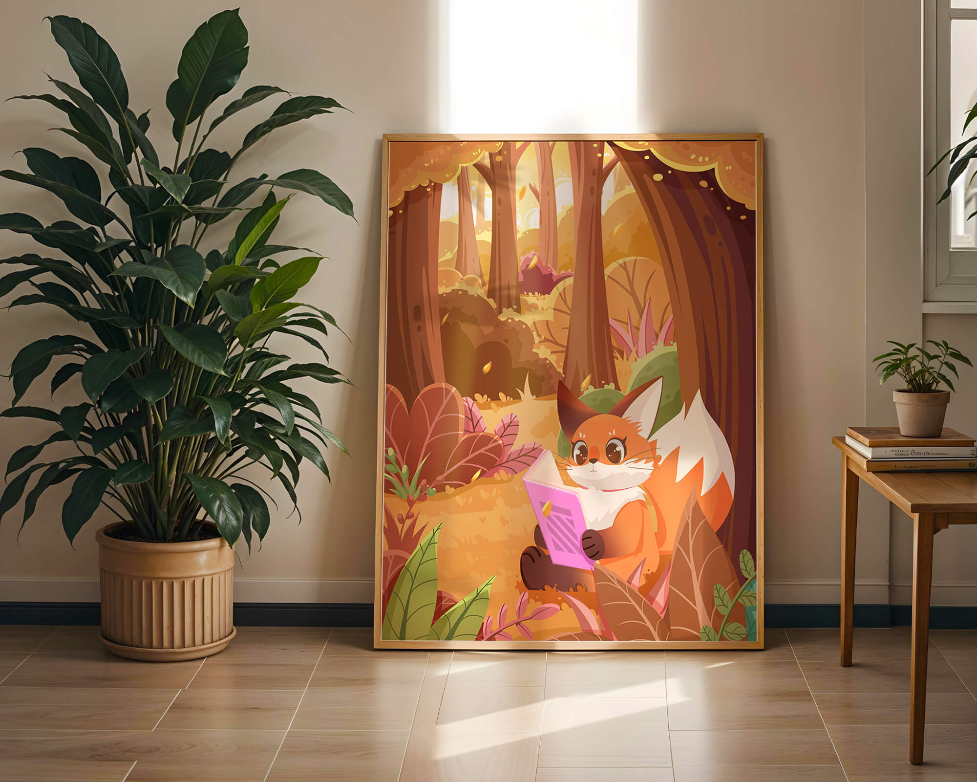 Fox reading a book in a whimsical autumn forest