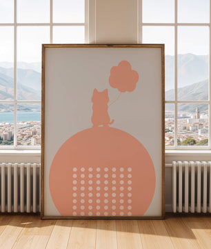 Katzensilhouette mit Ballon auf minimalistischem Kreishintergrund