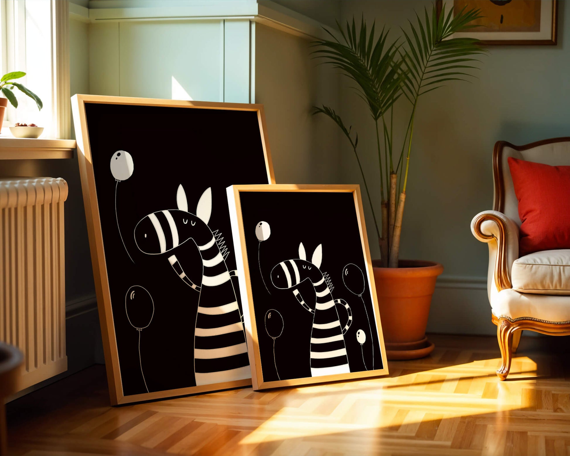 Cebra juguetona con globos en arte minimalista en blanco y negro