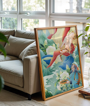 Escena ilustrativa de la cultura del té con montañas y elementos florales