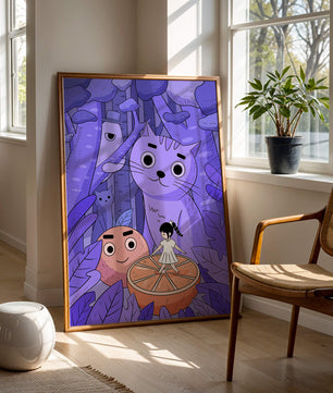 Whimsical forest scene with playful cartoon characters