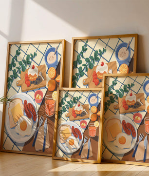 Escena de desayuno colorida con comida y bebida