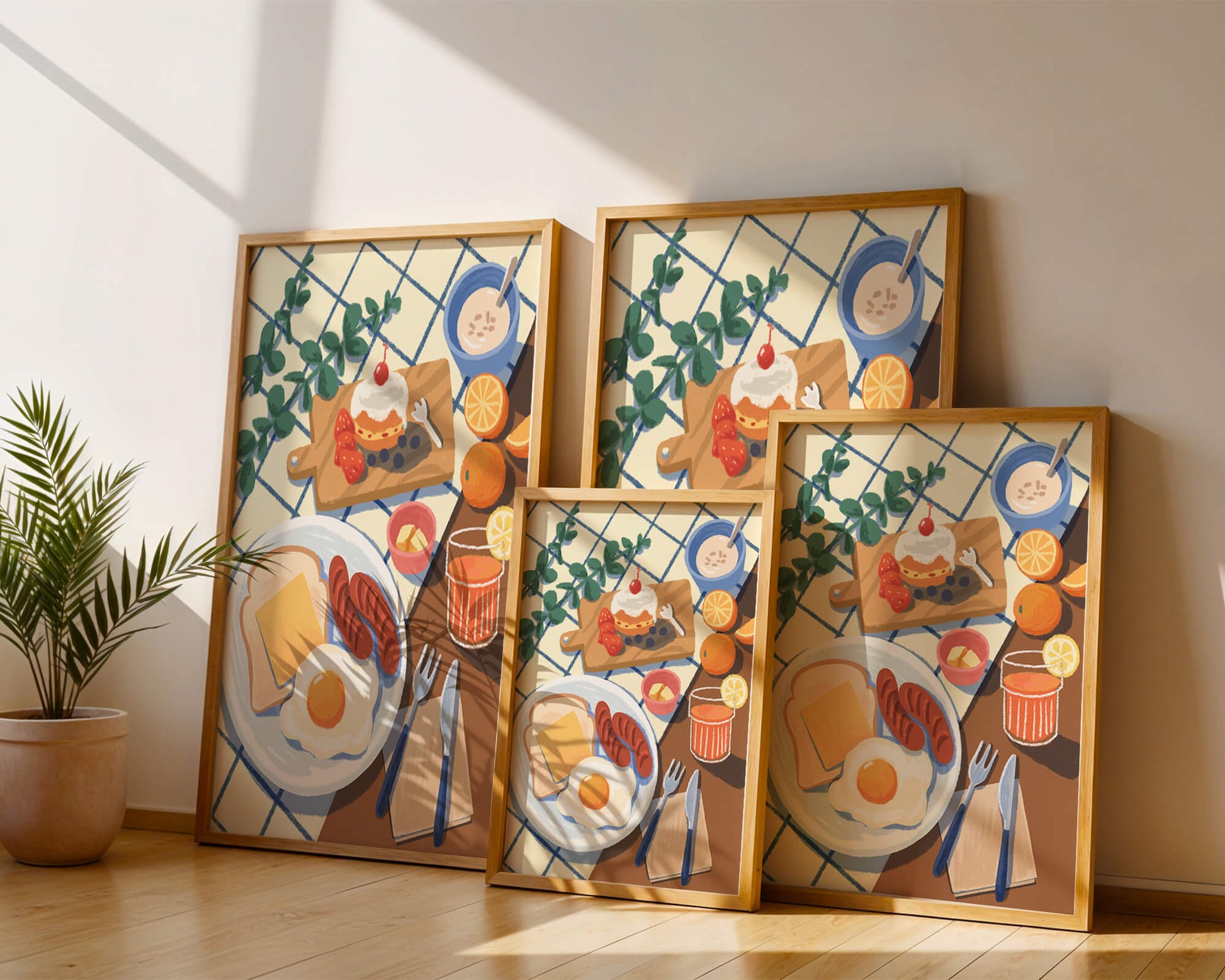 Escena de desayuno colorida con comida y bebida