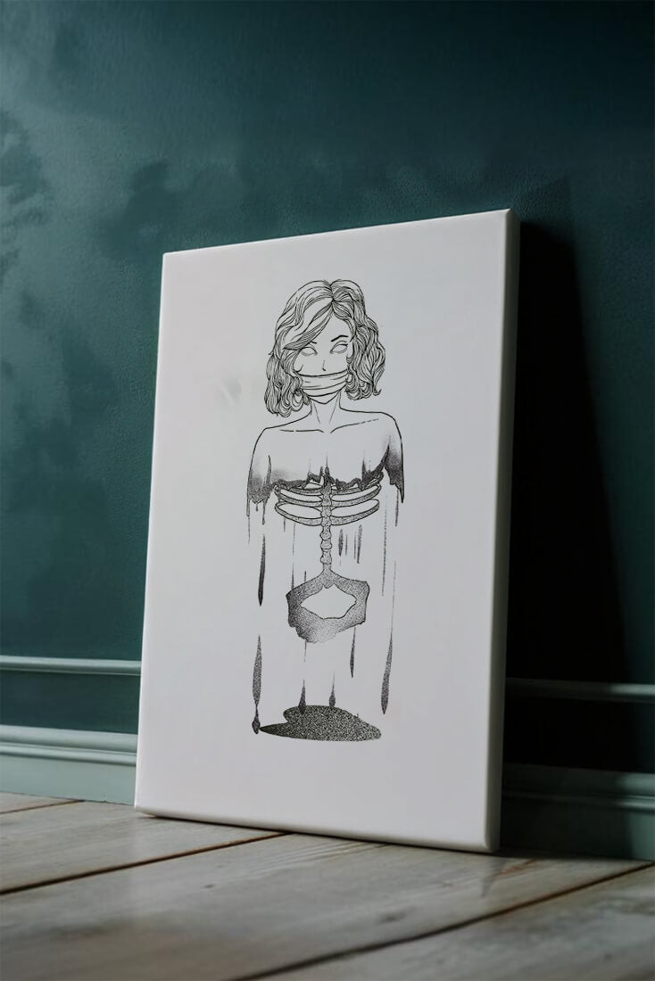 Surreal illustration of a woman with abstract ribcage and melting effect