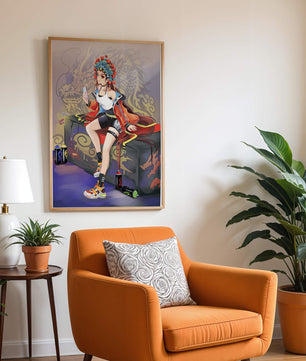 Anime art of a girl in traditional attire with urban elements