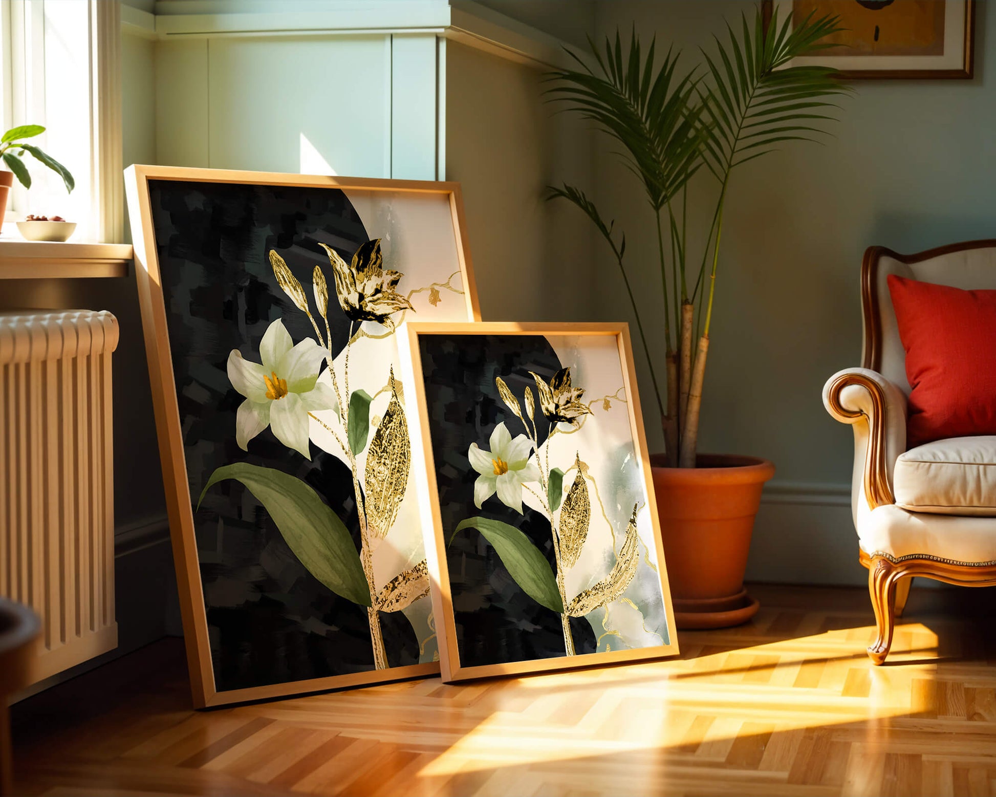 Diseño floral abstracto con detalles dorados y oscuros