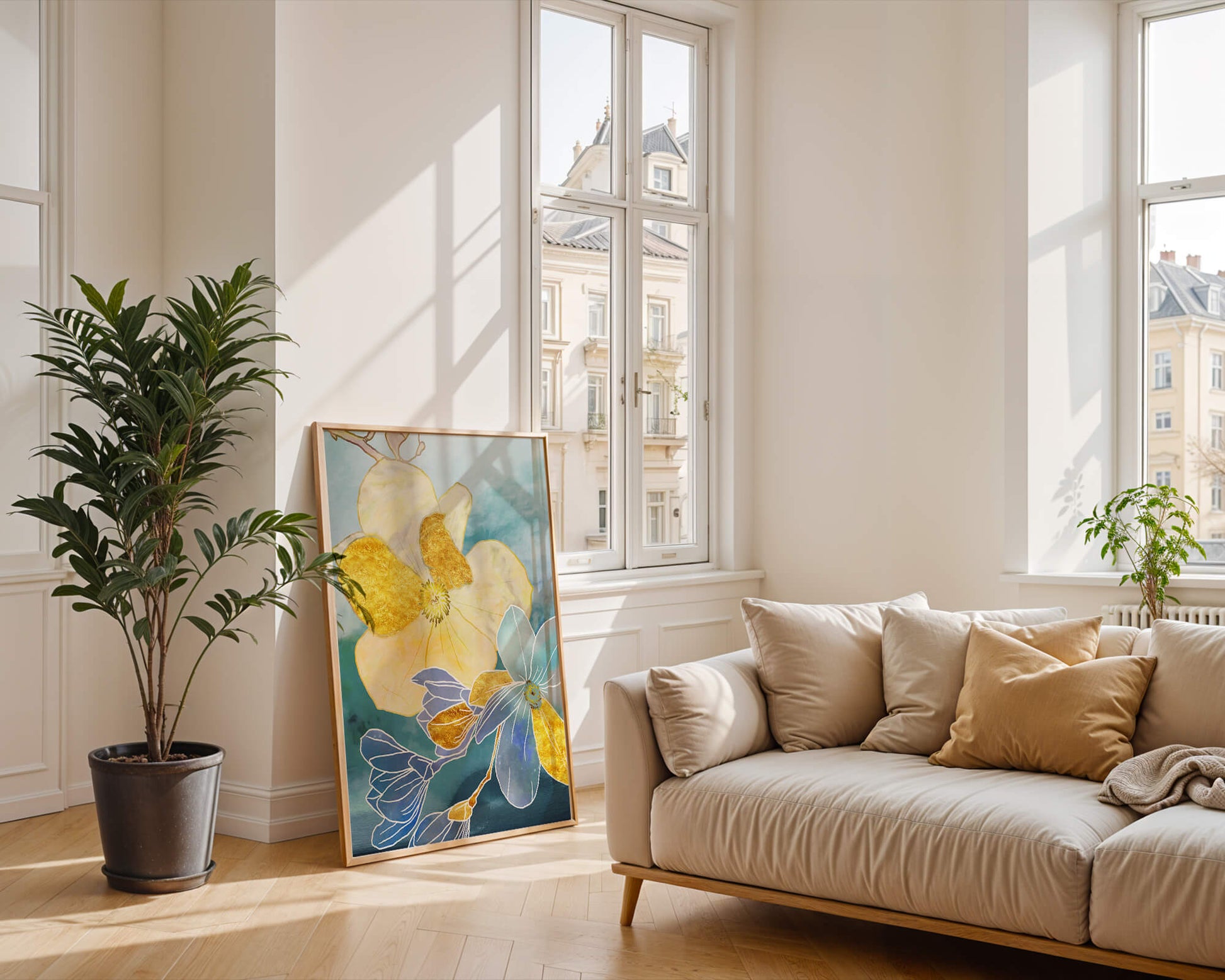 Arte floral abstracto con detalles dorados y tonos azules