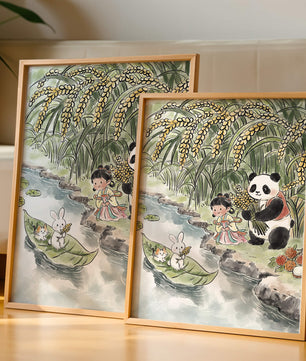 Escena caprichosa con un panda y un conejo junto al río