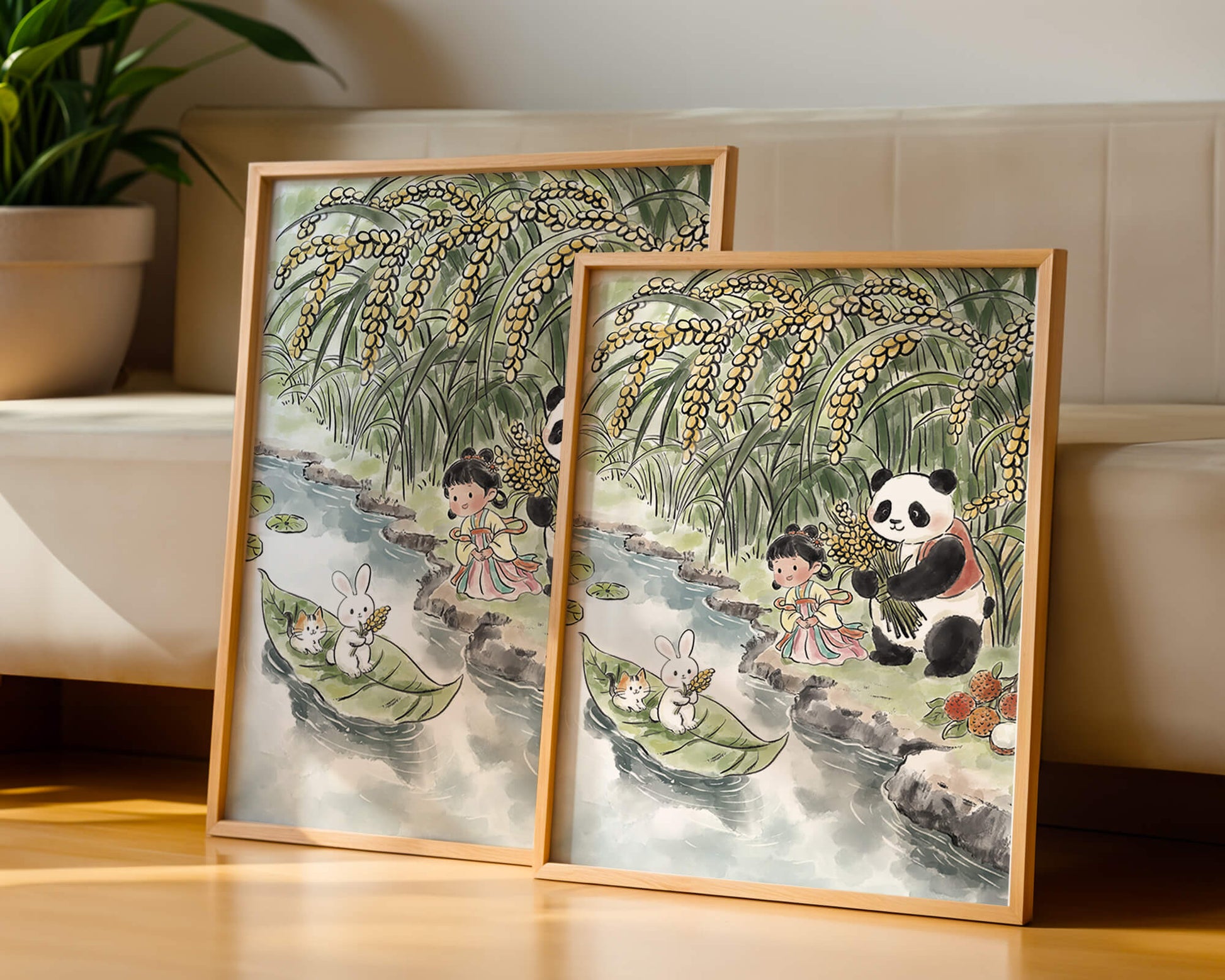 Escena caprichosa con un panda y un conejo junto al río