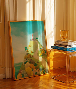 Charming lighthouse illustration on a scenic hilltop