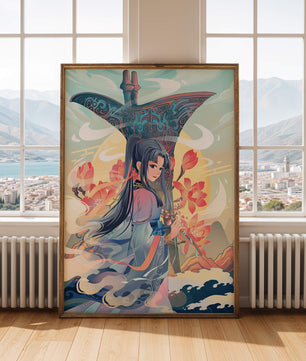 Art fantastique élégant : femme en tenue traditionnelle avec fond floral
