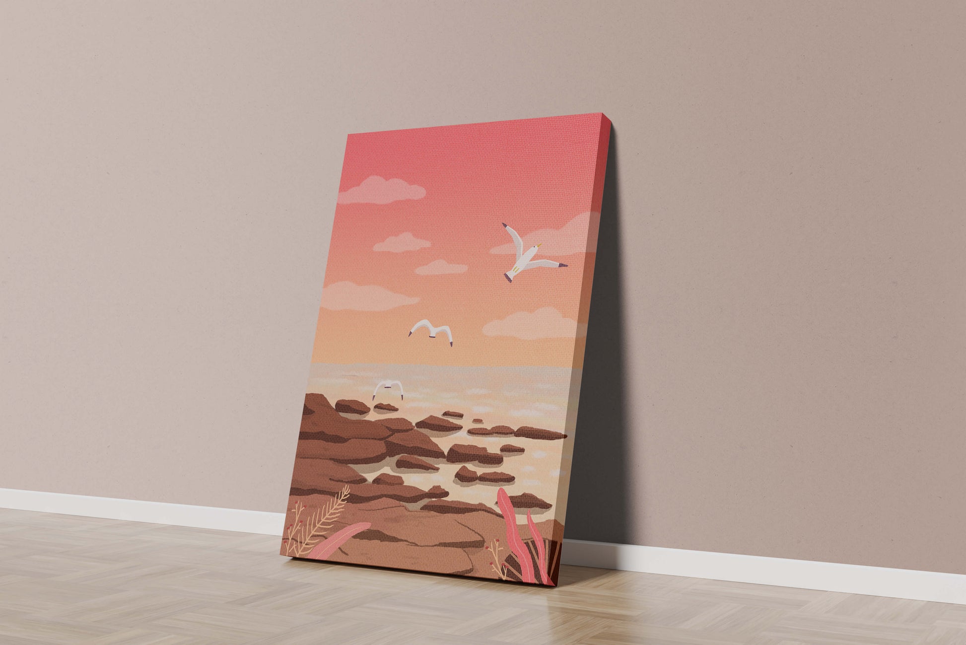 Seagulls flying over rocky coastline at sunset